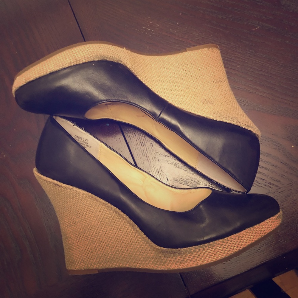 Nine West Round Toe Black Leather Wedge Heel